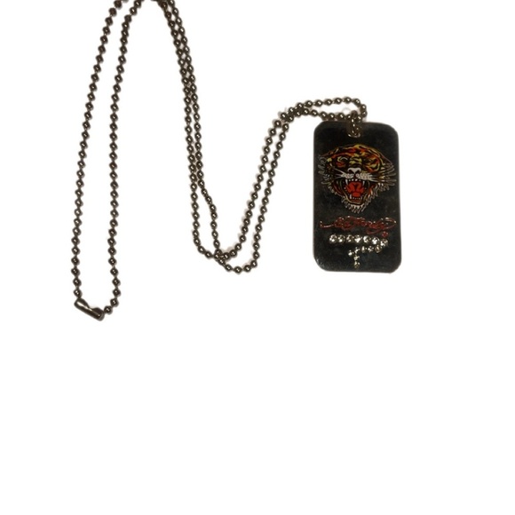 Authentic Ed Hardy Silver Trendy Style Dog Tag Fierce Tiger Pendant Necklace OS - Picture 1 of 2